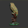 Colorful Owl Sculpture Perched On Tree Stump Base With Vibrant Feather Details