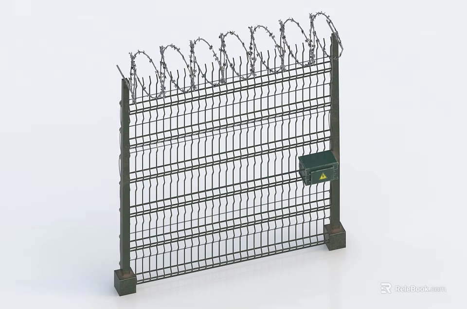 Security Mesh Fence With Barbed Wire Top And Metal Base Box 3d model 