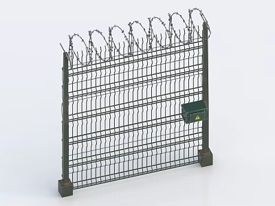 Security Mesh Fence With Barbed Wire Top And Metal Base Box 3d model
