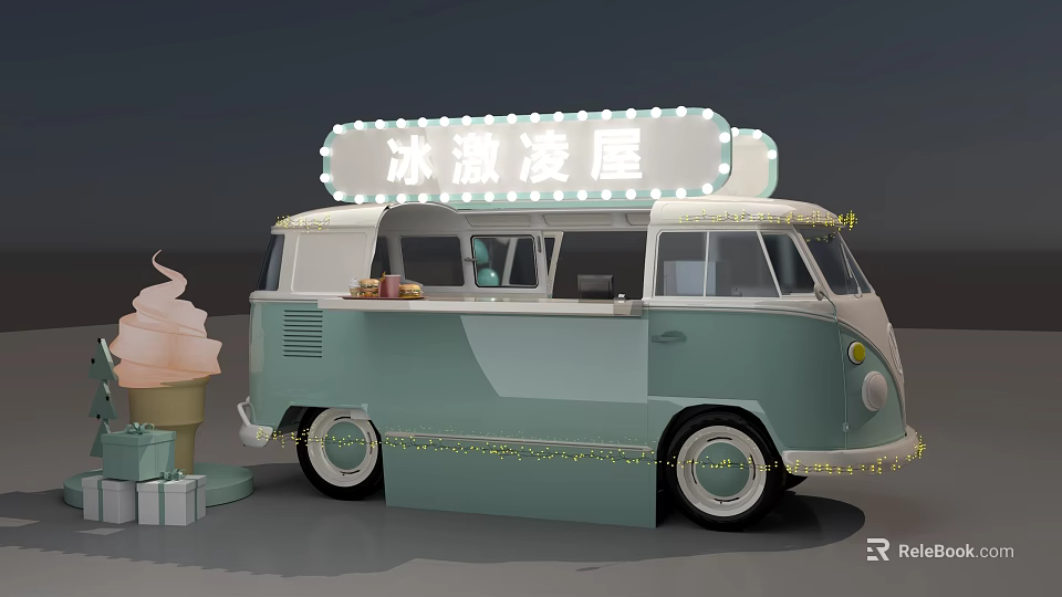 Vintage Ice Cream Truck Photo Spot With Neon Sign String Lights And Gift Boxes 3d model 