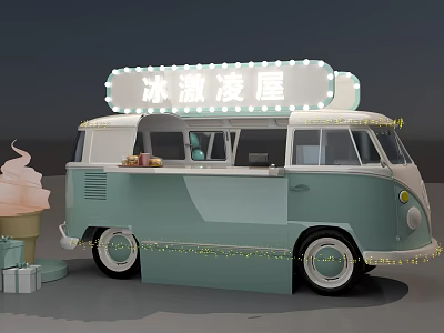 Vintage Ice Cream Truck Photo Spot With Neon Sign String Lights And Gift Boxes 3d model