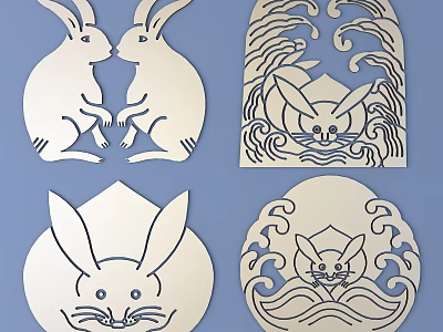 Rabbit Carvings With Various Designs And Wave Patterns In Paper Cut Decorative Style 3d model