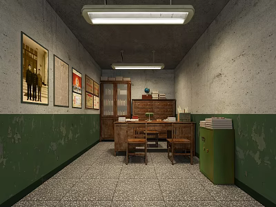 Vintage Office Interior With Green Walls Old Desk Chairs File Cabinet And Posters 3d model