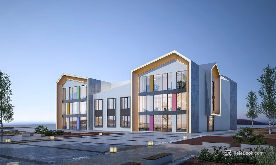 Modern Geometric Sales Office Building With Glass Curtain Walls Colorful Accents And Open Plaza 3d model 