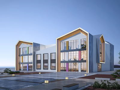 Modern Geometric Sales Office Building With Glass Curtain Walls Colorful Accents And Open Plaza 3d model