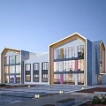 Modern Geometric Sales Office Building With Glass Curtain Walls Colorful Accents And Open Plaza