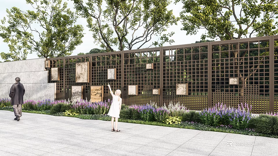 Brown Lattice Garden Wall With Square Decorative Plaques Purple Yellow Flower Beds And Girl Pointing 3d model 