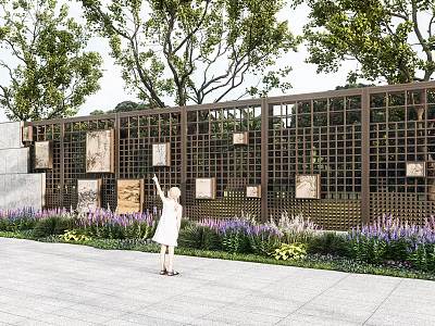 Brown Lattice Garden Wall With Square Decorative Plaques Purple Yellow Flower Beds And Girl Pointing 3d model