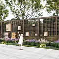 Brown Lattice Garden Wall With Square Decorative Plaques Purple Yellow Flower Beds And Girl Pointing