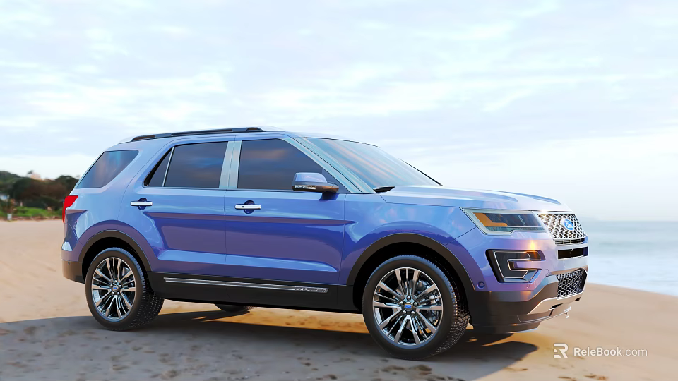 Blue Modern SUV Parked On Sandy Beach With Clear Blue Sky And Clouds 3d model 