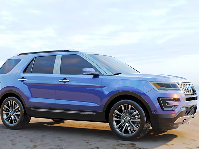 Blue Modern SUV Parked On Sandy Beach With Clear Blue Sky And Clouds 3d model