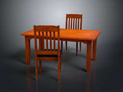 Rectangular Brown Wooden Dining Table With Two Backrest Chairs And Vertical Slats 3d model