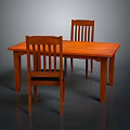 Rectangular Brown Wooden Dining Table With Two Backrest Chairs And Vertical Slats