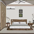 Natural Style Homestay Guest Room Interior With Wooden Headboard Cozy Bed And Ceiling Fan