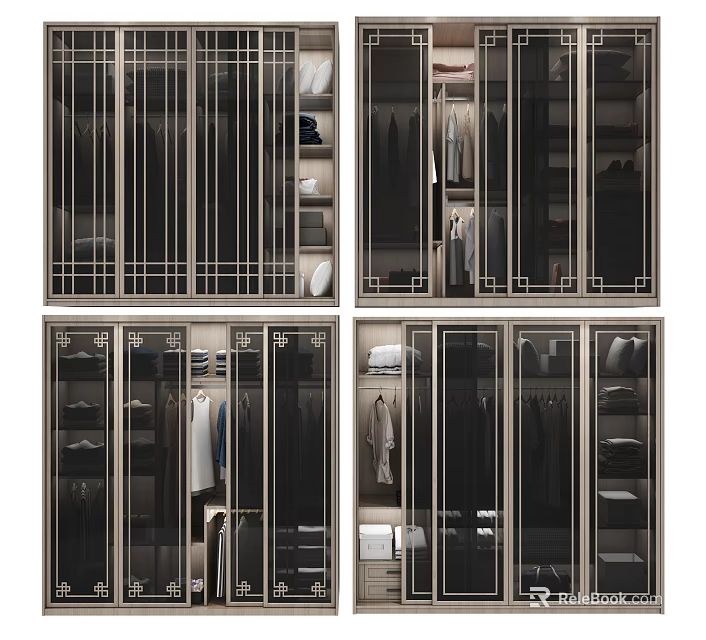 Modern Wardrobe Design With Glass Doors Hanging Rods And Storage Shelves 3d model 