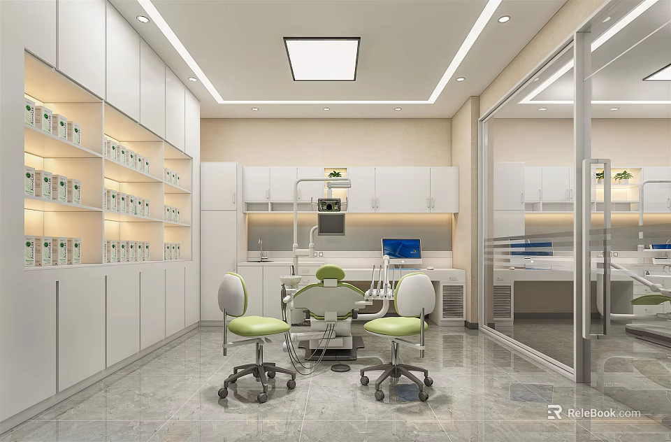 Modern Hospital Outpatient Clinic Interior With Medical Equipment White Cabinets And Treatment Chairs 3d model 