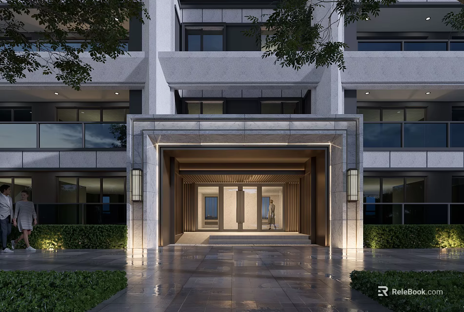 Elegant Modern Architecture Entrance Gate With Stone Portico Lighting And Lush Greenery 3d model 