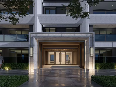 Elegant Modern Architecture Entrance Gate With Stone Portico Lighting And Lush Greenery 3d model
