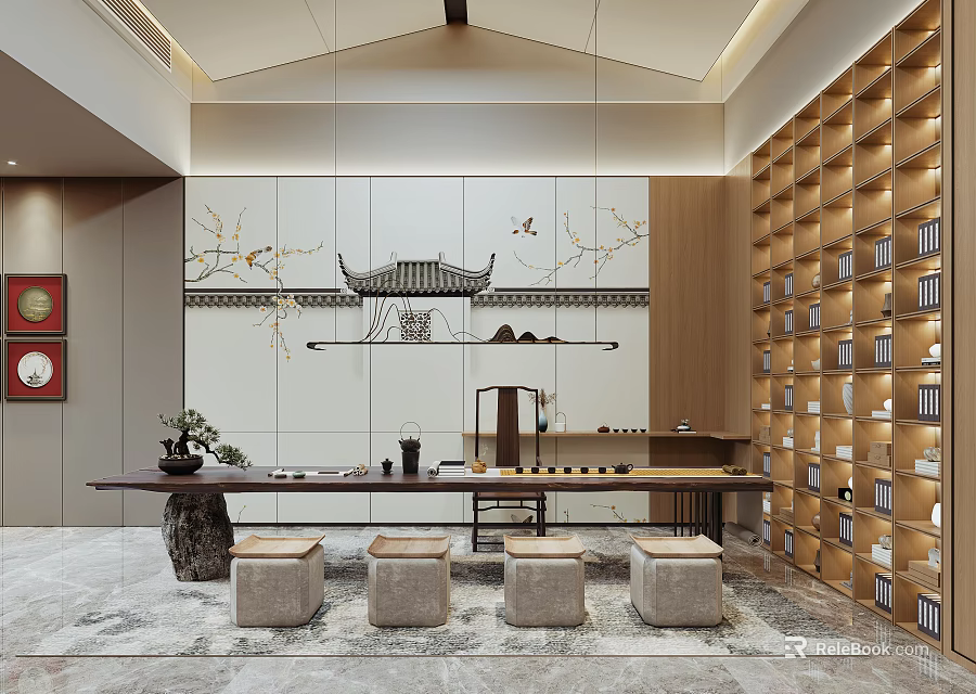 Traditional Chinese Tea Room Interior With Wooden Tea Table Stone Stools And Ceramic Tea Sets 3d model 