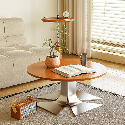 Modern Wooden Coffee Table with Geometric Metal Base Open Book Mug Near Beige Sofa and Sunlight 3d model