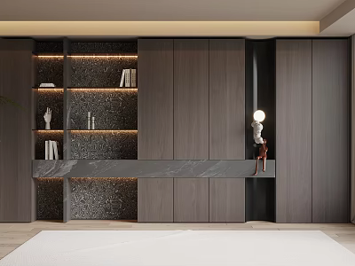 Modern Wooden Built-in Bookcase with LED Lighting Marble Top and Decorative Books 3d model