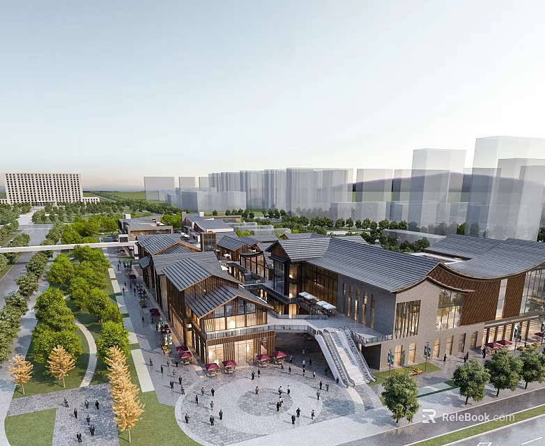 Traditional Modern Fusion Commercial Street With Green Trees Pedestrians And Urban Surroundings 3d model 