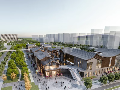 Traditional Modern Fusion Commercial Street With Green Trees Pedestrians And Urban Surroundings 3d model