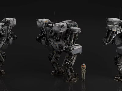 Game Movie Characters Three Large Mechs Central Largest with Small Human Figure on Black Background 3d model