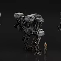 Game Movie Characters Three Large Mechs Central Largest with Small Human Figure on Black Background