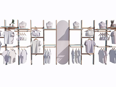 Wooden Retail Display Shelves For Clothing Store With Hats Bags And Plants 3d model