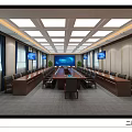 Formal Conference Room Interior With Long Table Chairs Screens Clock And Ceiling Lights