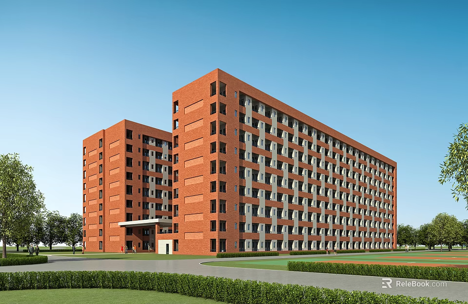 Red Brick School Building With Multiple Floors Large Windows And Green Lawn 3d model 