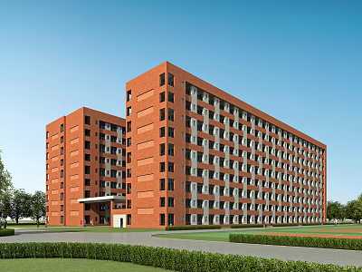 Red Brick School Building With Multiple Floors Large Windows And Green Lawn 3d model