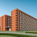 Red Brick School Building With Multiple Floors Large Windows And Green Lawn