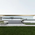 Modern Sales Office Building With Glass Facade Cantilevered Roof And Landscaped Lawn
