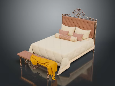 Elegant Beige Upholstered Bed With Decorative Headboard Pink Pillows Side Bench And Yellow Blanket 3d model