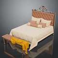 Elegant Beige Upholstered Bed With Decorative Headboard Pink Pillows Side Bench And Yellow Blanket