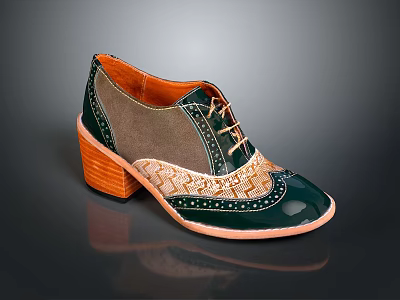 Lace Up Shoes With Green Patent Leather Brown Suede Wooden Sole And Brogue Details 3d model