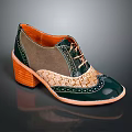 Lace Up Shoes With Green Patent Leather Brown Suede Wooden Sole And Brogue Details