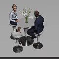 White Round Table and Bar Stools Set with Green Plant Vase and Two People Chatting 3d model