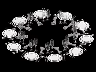 Elegant Circular Dinnerware Set With Plates Glasses Cutlery And Napkins 3d model