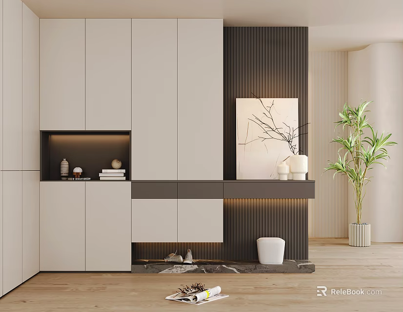 Modern Shoe Cabinet With White And Dark Panels Open Shelves Decorative Painting And Potted Plant 3d model 