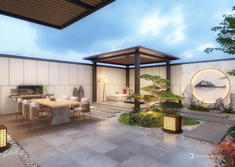 Modern Garden Landscape with Pavilion Dining Set Pine Tree Circular Painting Stone Floor and Lantern 3d model 
