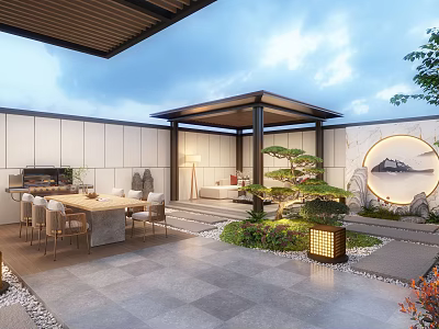 Modern Garden Landscape with Pavilion Dining Set Pine Tree Circular Painting Stone Floor and Lantern 3d model
