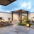Modern Garden Landscape with Pavilion Dining Set Pine Tree Circular Painting Stone Floor and Lantern