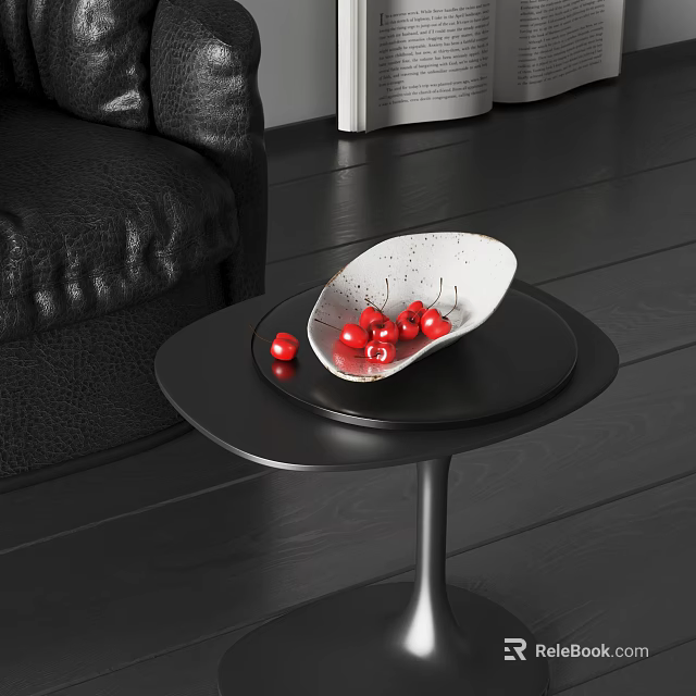 Elegant White Speckled Ceramic Vessel With Red Cherries On Black Coffee Table In Living Room 3d model 