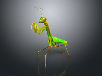 Green Mantis 3D Model Standing With Yellow Legs And Antenna On Reflective Surface 3d model