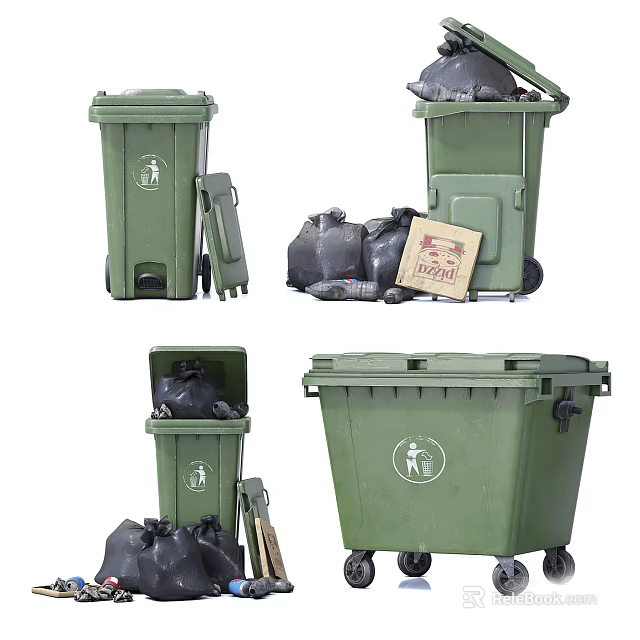 Public Facilities Green Trash Bins With Open Lids Waste Bags And Recycling Symbols 3d model 