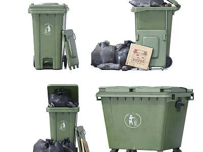 Public Facilities Green Trash Bins With Open Lids Waste Bags And Recycling Symbols 3d model