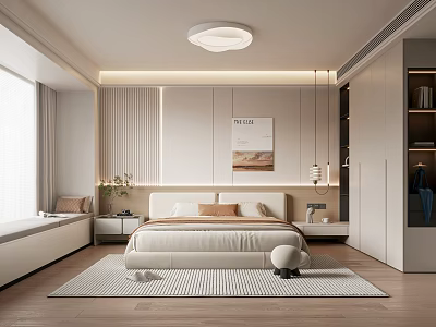 Modern Bedroom Interior Design With Bed Rug Window Seat And Decorative Painting 3d model